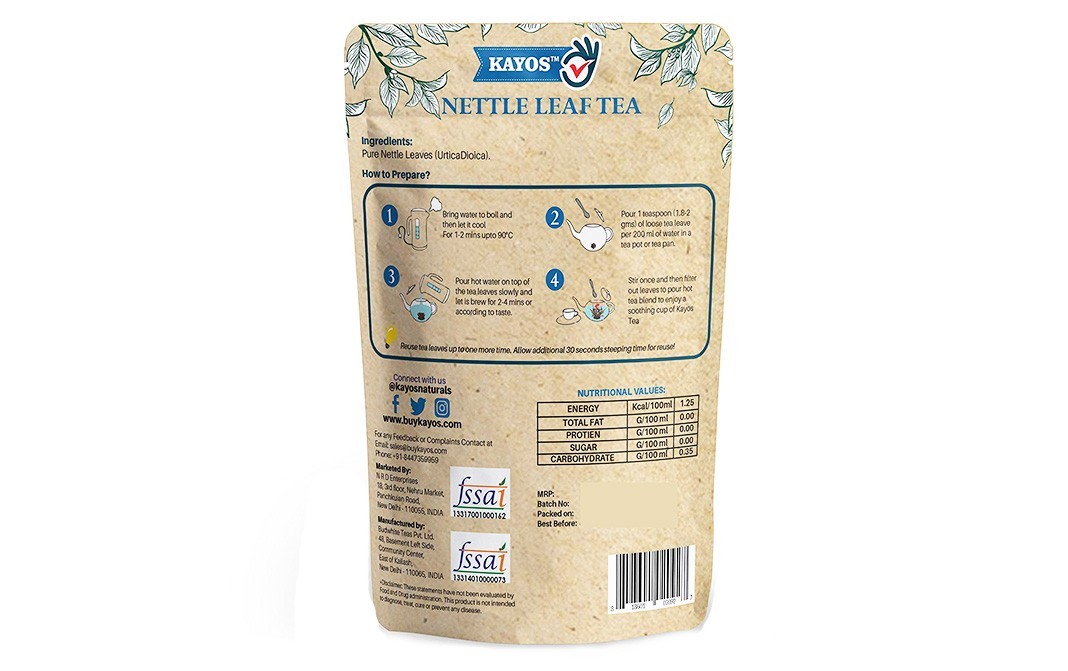 Kayos Nettle Leaf Tea (with Pure Himalayan Stinging Nettle Leaves)   Pack  100 grams